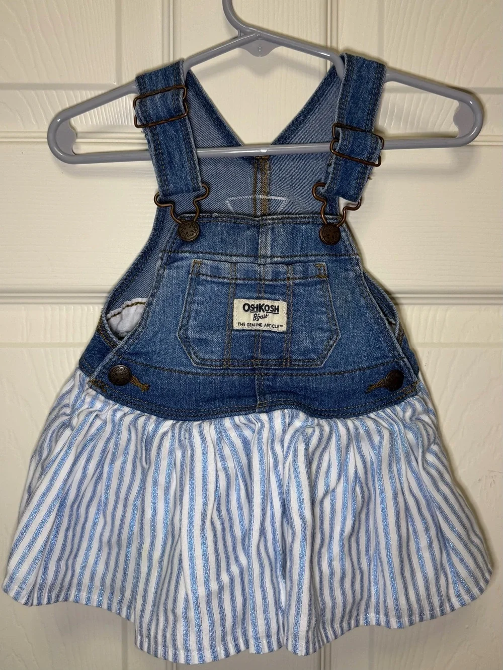 OshKosh B'gosh Denim Bib Overalls with Blue & White Striped Skirt